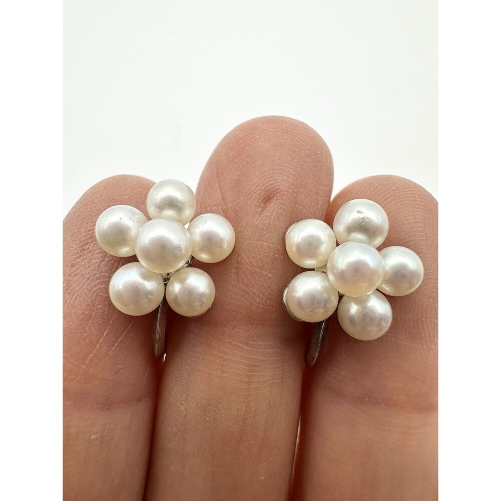 Vintage Silver Akoya Pearl Floral Screw Back Earrings Cluster